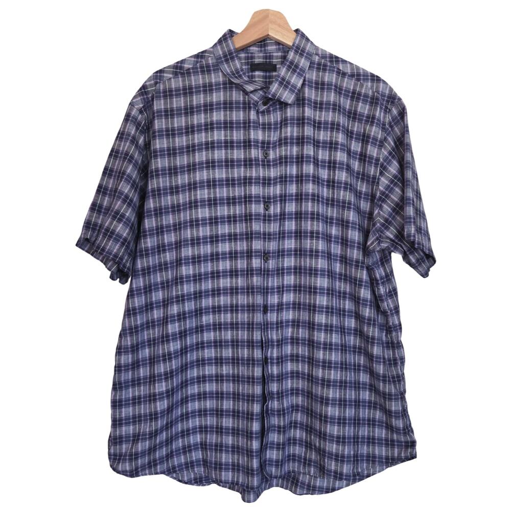 Zachary Prell | Linen-Cotton Blend Plaid Button Up Short Sleeve Shirt - flaw